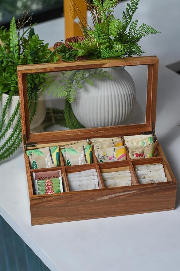 Acacia Wood and Bamboo Tea Bag Organizer - 4 & 8 Compartment Tea Box for Countertop - Tea Station & Coffee Bar Accessories - Fits Large & Craft Tea Bags (Wood, 8 Compartment)