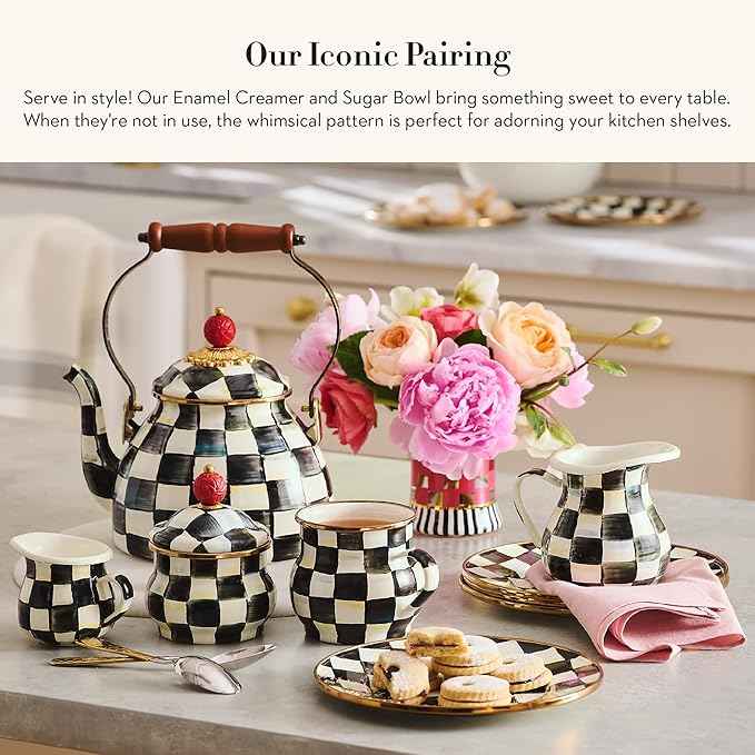 MACKENZIE-CHILDS Enamel Creamer and Sugar-Bowl Set, Cream Dispenser and Sugar Holder, Unique Kitchen Decor, Black-and-White Courtly Check