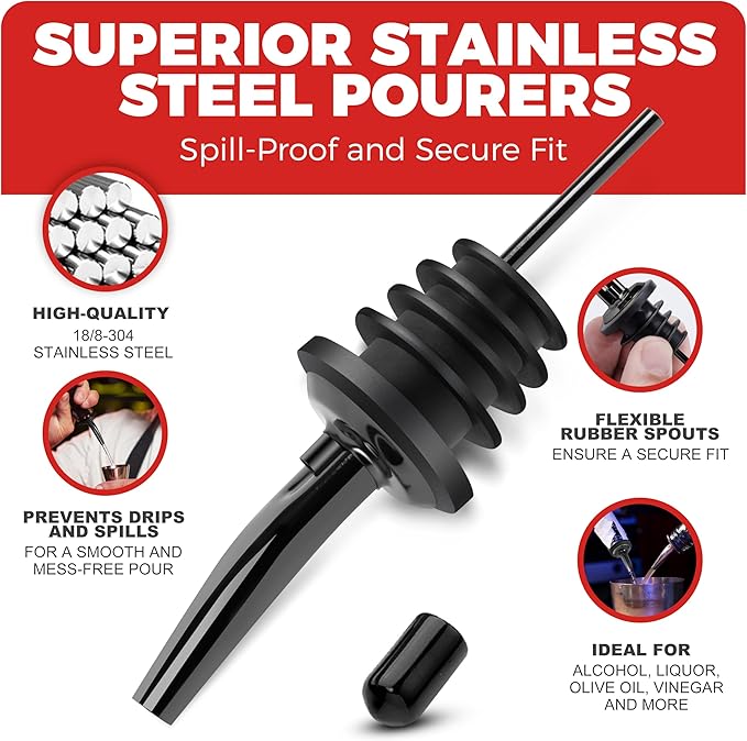 48 Pack Stainless Steel Bottle Pourers for Alcohol, Liquor, and Wine - Bar Accessories, Spouts for Bottles and Dispensers (gun black)
