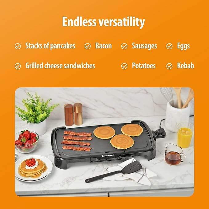 Toastmaster Electric Griddle - Flat Top Nonstick Griddle - Cookware for Breakfast & More - Skillet Griddle with Adjustable Temperature - Kitchen Appliance for Pancakes - 10" x 20" Cooking Surface