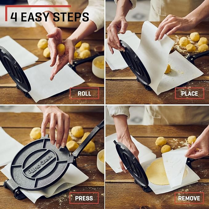 Uno Casa Cast Iron Tortilla Press 10 Inch - Tortilla Maker Press, Pre-Seasoned Roti Maker with 100 Pcs Parchment Paper - Heavy Duty Quesadilla Maker for Homemade Flatbreads, Rotis, Empanadas