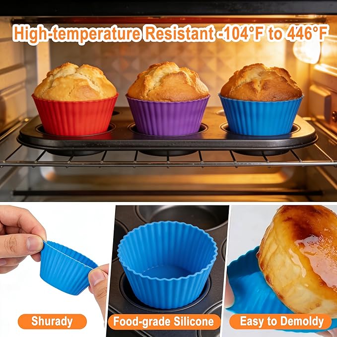 Reusable Non-Stick Silicone Baking Cups, Food Grade BPA Free Cupcake Muffin Liners, Oven & Dishwasher Safe Easy Release, Multicolor Rainbow, 24 Pack, for Muffins Cupcakes