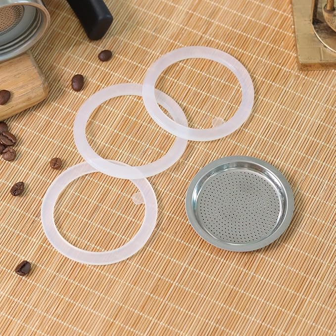 Sivaphe Replacement 4 Cup Moka Pot Infuser Parts for Stainless Steel Italian Stovetop Espresso Coffee Maker, 1 Coffee Filter and 3 Silicone Gasket Seals