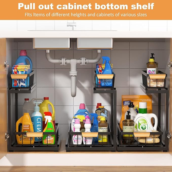 Under Sink Organizer, 2-Tier Metal Pull Out Cabinet Organizer Shelf Kitchen Bathroom Organizers and Storage with Sliding Drawer Undersink Pantry Cabinet Closet