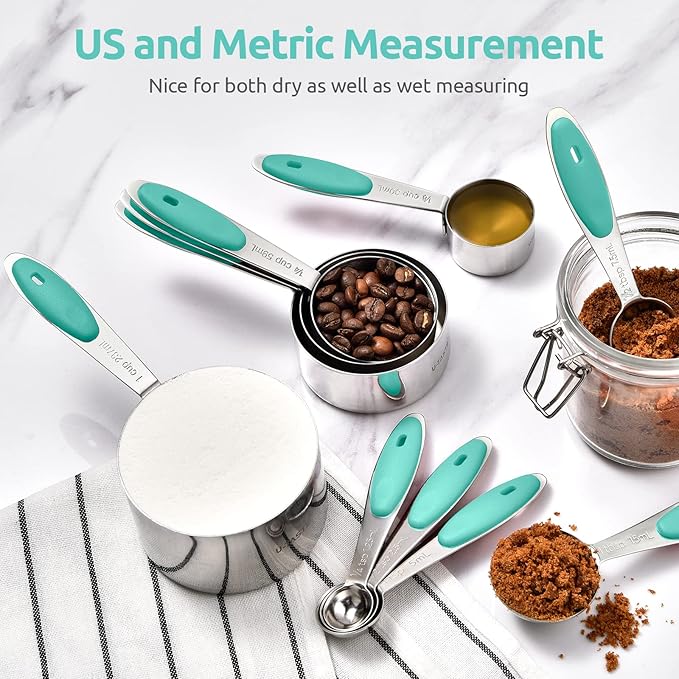 U-Taste Measuring Cups Spoons Set: 18/8 Stainless Steel 12 Pieces Stacking Kitchen Baking Cooking Food Measure Scoop Set, 7 Cups & 5 Spoons with Strengthened Weld Joints (Aqua Sky, Upgraded Version)