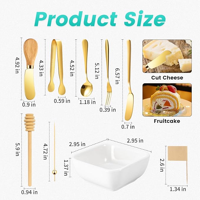 Charcuterie Board Accessories With 3 Oz Ceramic Dip Bowls, Wooden Handle Gold Cheese Spreader Butter Knive Set Kit, Mini Tongs, Spoons, Forks,Honey Dipper, Cocktail Picks
