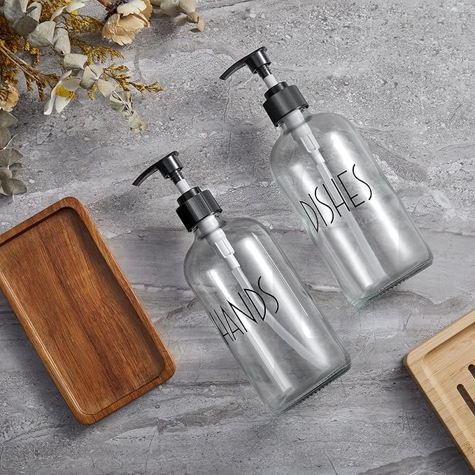 ALELION Glass Soap Dispenser with Pump - 16 OZ Clear Dish and Hand Soap Dispenser Set with Acacia Wood Tray for Kitchen Bathroom - Modern Liquid Pump Bottles