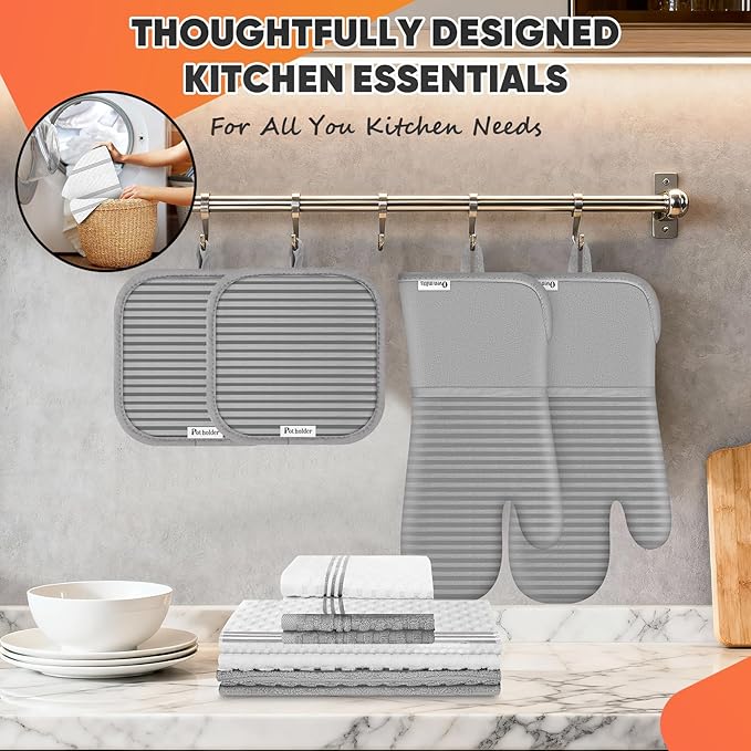Oven Mitts Kitchen Towels and Dishcloths with Pot Holders Sets, Oven Gloves Hot Pads 500°F Heat Resistant with Silicone Grip, Include 2 Cooking Gloves/2 Potholders/4 Kitchen Towels/4 Dish Towels-Gray