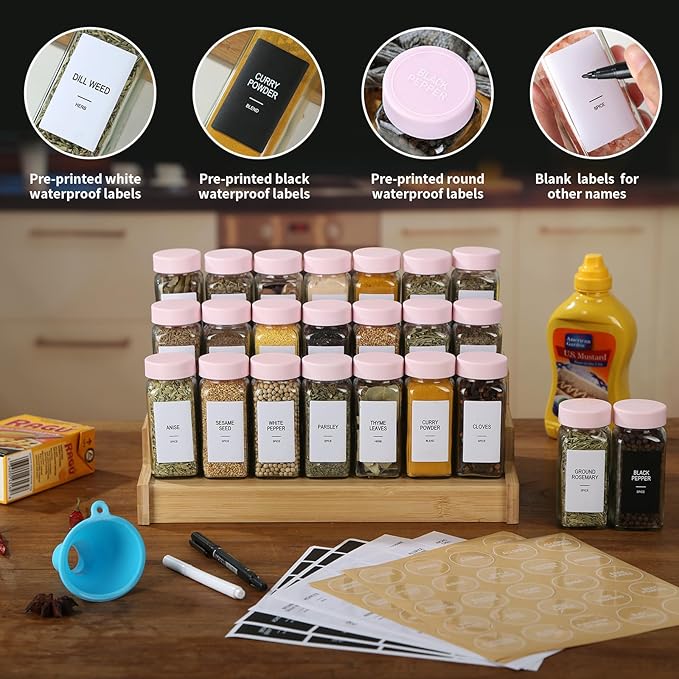 36 Glass Spice Jars with Labels, Spice Jar Set, 4oz Seasoning Containers, Spice Containers with Pink Airtight Lids and Shaker Lids, Square Empty Spice Bottles, 492 Labels, 1 Funnel