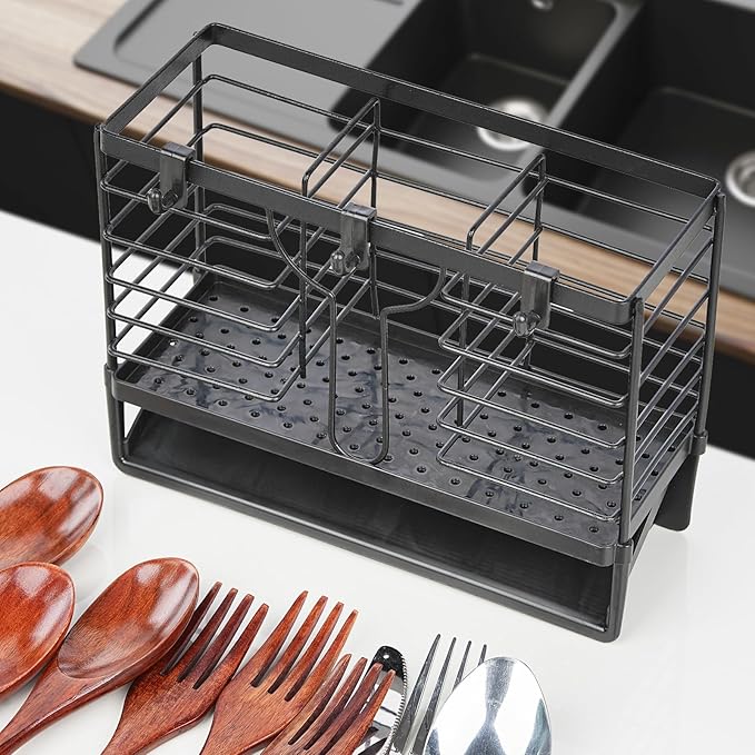 Utensil Holder, Stainless Steel Utensil Drying Rack with 3 Compartments and Automatic Drain Tray for Kitchen Counter, Silverware Cutlery Flatware Holder Forks, Knives, Spoons, Chopsticks Organizer