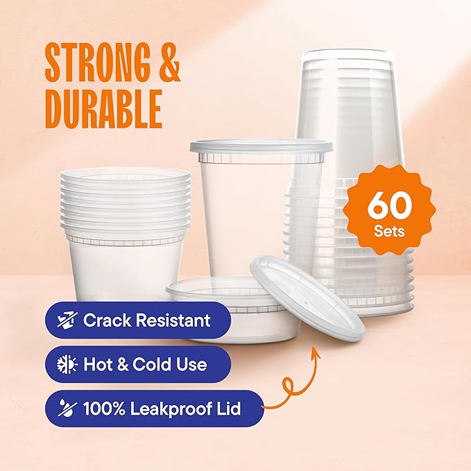 Stack Man [60-Sets] Plastic Deli Food Storage Containers with Airtight Lids Combo Set | 32 oz | 16 oz | 8 oz. | Disposable Plastic Takeout Containers for Soup - Freezer, Microwave and Dishwasher Safe