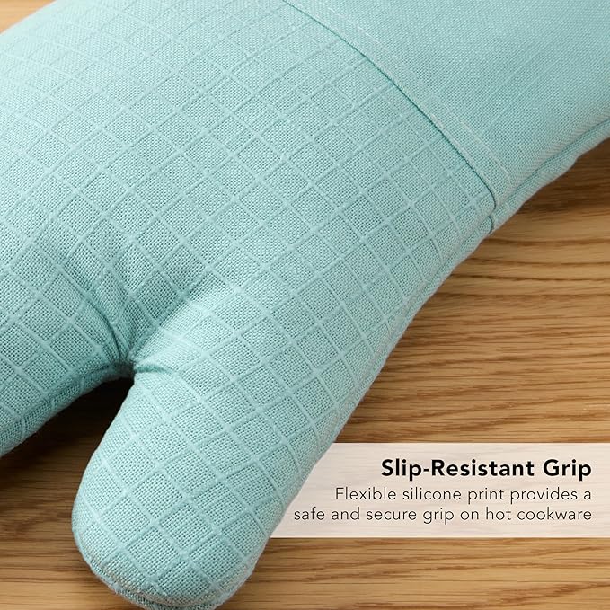KITCHENAID Gourmet Series Gridlines Oven Mitts 2-Pack Set, Heat Resistant up to 600°F, Soft Silicone Grip, Magnetic Cuff, Mineral Water Aqua, 7"x14"
