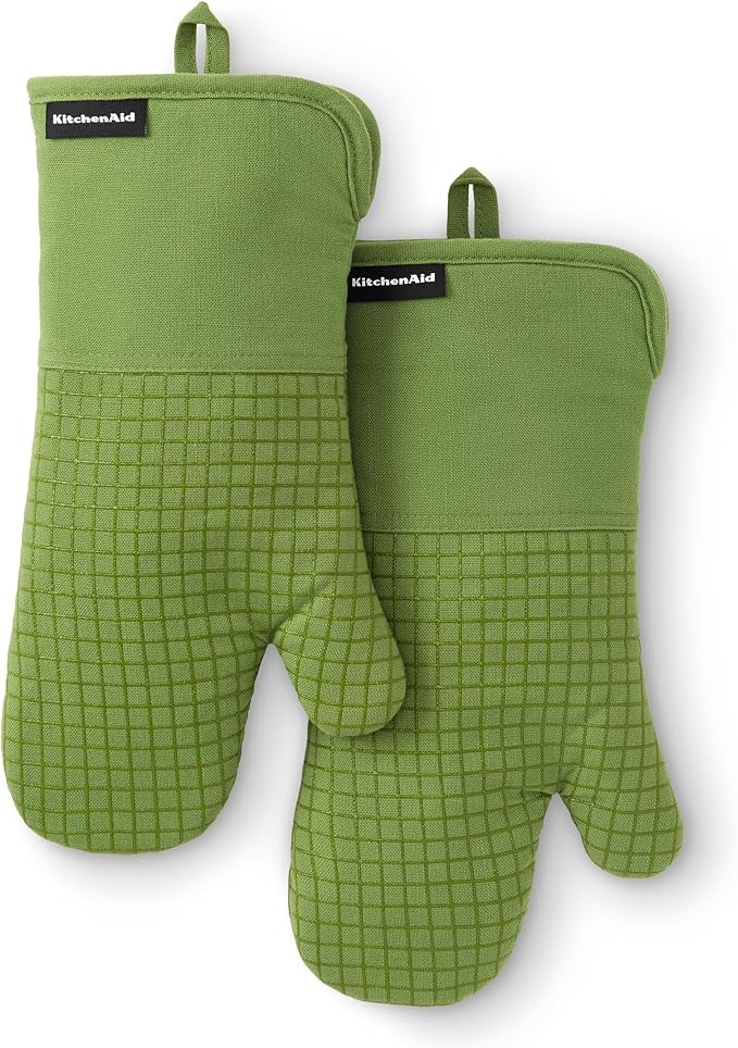 KITCHENAID Gourmet Series Gridlines Oven Mitts 2-Pack Set, Heat Resistant up to 600°F, Soft Silicone Grip, Magnetic Cuff, Matcha Green, 7"x14"