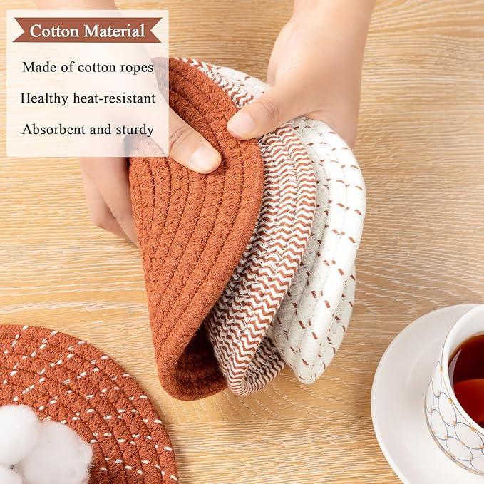 SHACOS 8 Inches Trivets for Hot Dishes, 4 Pieces Cotton Trivets Mats for Kitchen, Hot Pads for Countertops and Table, Heat-Resistant Pot Holders for Hot Pots and Pans(Dark Orange, 4pcs)