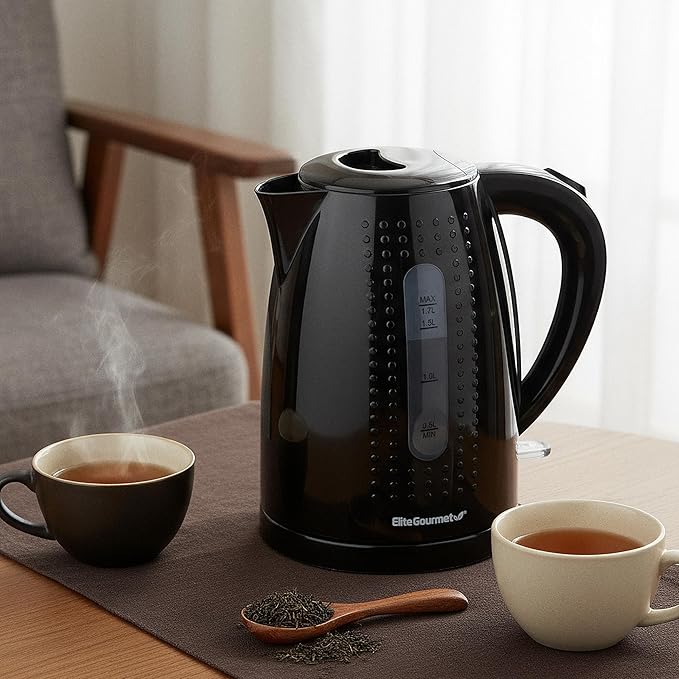 Elite Gourmet EKT5051 1.7L Electric Water Kettle, BPA-Free, Fast Boil, Auto Shut-Off, Boil-dry Protection, 360° Swivel Base with Cordless Serving, Clear-view Window with Water Level Markings, Black