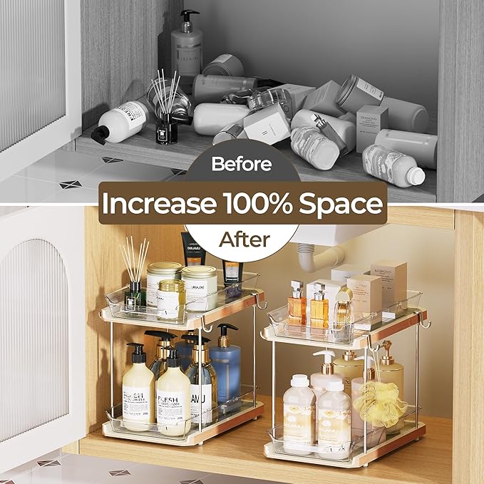 Delamu 2 Tier Bathroom Under Sink Organizers and Storage with Hook, Multi-Purpose Cabinet Drawers with Movable Dividers, Pull Out Organization for Countertop, Kitchen and Pantry(Wood Grain, 4 Pack)