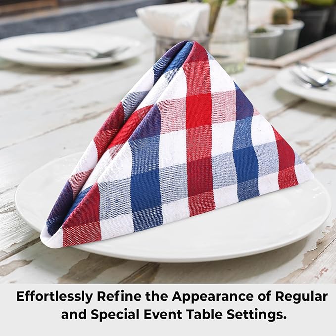 Urban Villa Cotton Dinner Napkins Set of 6, 20x20 Inche Soft Premium Cotton Napkins, Hotel Quality Highly Absorbent, Reusable & Washable Table Dinner Napkins (Red/Blue/White, Buffalo Checks)