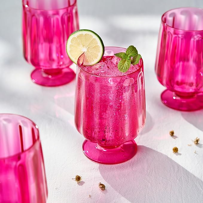 Khen 15oz Unbreakable Premium Drinking Glasses Set of 4 - Super Grade Acrylic Plastic - Perfect For Gifts - European Style Shatterproof BPA-free Glassware Dishwasher-Safe, Indoor & Outdoor (Hot Pink)
