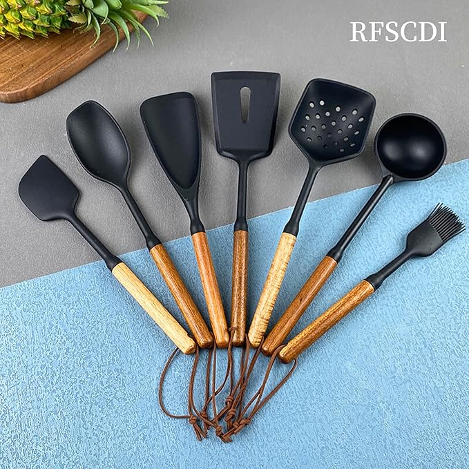 Exquisite Silicone Cooking Utensils Set - Non-Toxic, Heat-Resistant Kitchen Utensils Set with Food-Grade Silicone & Wood Handles - Includes Spatula & Spoon for Non-Stick Cookware, Black