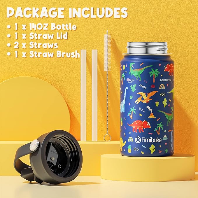Fimibuke Kids Insulated Water Bottle, 14oz BPA FREE 18/8 Stainless Steel Travel Tumbler Double Wall Vacuum Leak Proof Kids Cup with Straw Metal Bottle for School Boys Girls(1 Pack, BLUE DINOSAUR)
