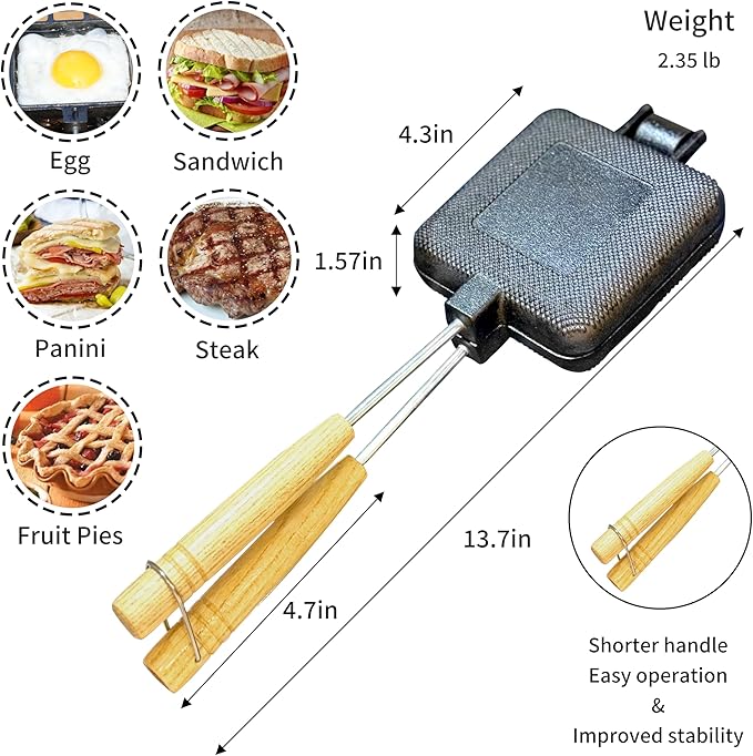 MiniSnack Cast Iron Pie Maker Sandwich Press for Camping and Stovetop, Double Mini Pan for Steak and More with Storage Bag and Recipies, Perfect for Home, Openfire Camp Cooking, Small Cooker