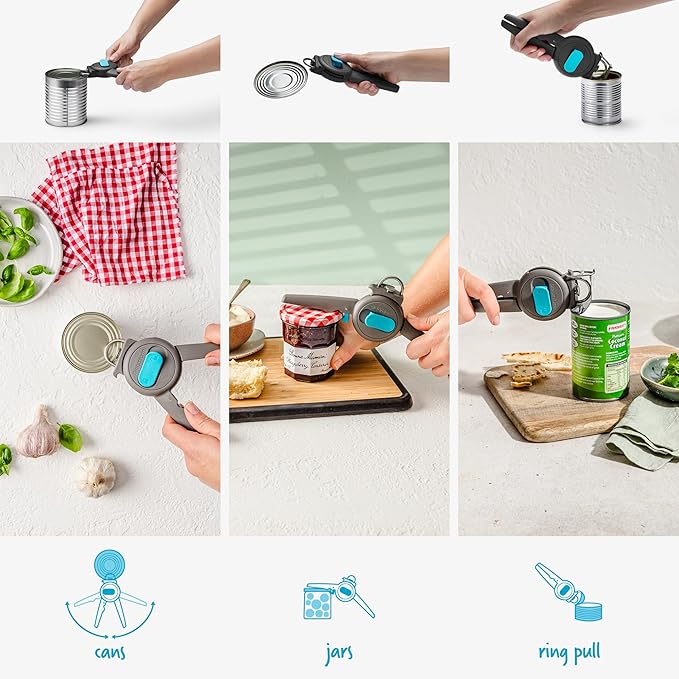 Dreamfarm Dopener 3-In-1 Ergonomic Can Opener Smoothes Can Edges for Safe Removal with Jar Lid Seal-Breaker & Can Ring Puller - Black