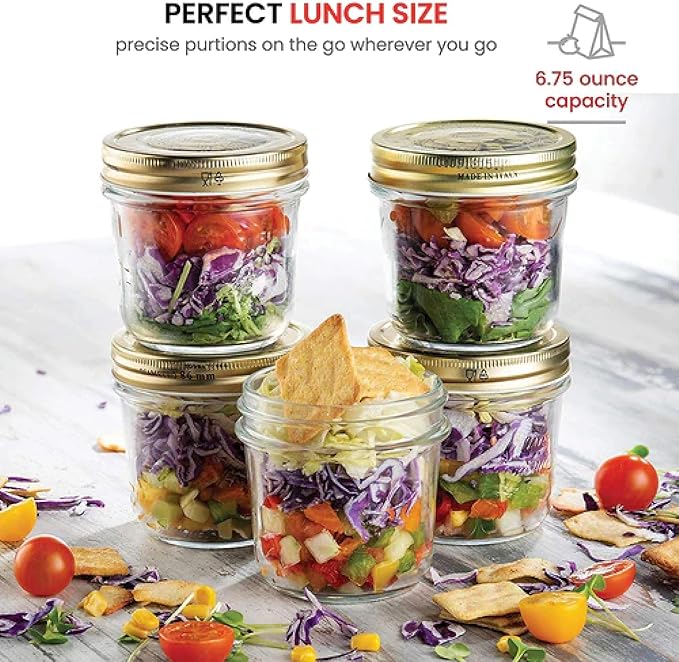Bormioli Rocco Quattro Stagioni 6.75 oz Glass Preserving Jar (Set of 6) - Wide‑Mouth Twist‑Top Canister with Airtight Seal - Bee embossed Storage & Serving Vessel - Made in Italy, BPA‑Free