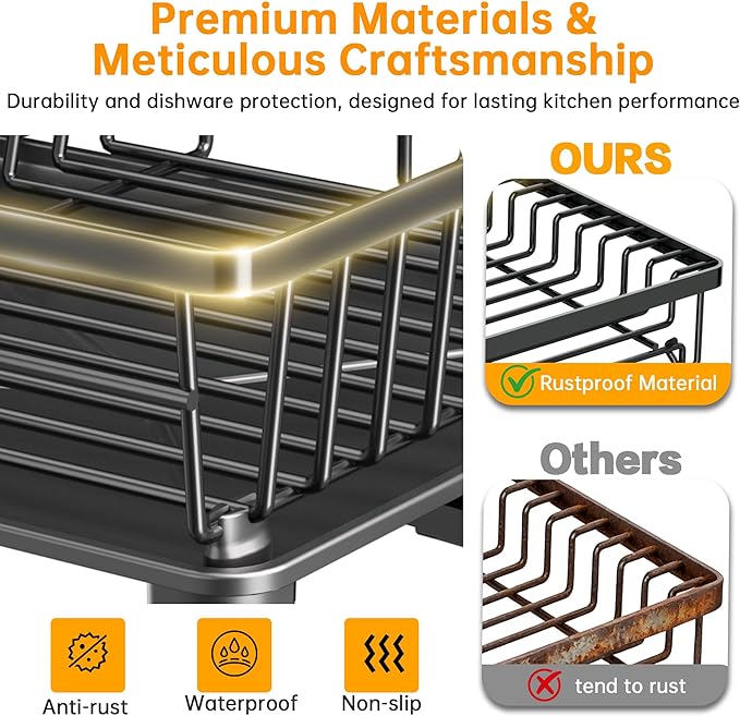 Dish Drying Rack, 2 Tier Dish Racks for Kitchen Counter, Compact Drying Rack Kitchen, Rust-Resistant Dish Drainer, Detachable Space-Saving Dish Rack with Drainboard, Utensil Holder, Black
