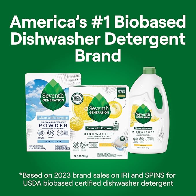Seventh Generation Dishwasher Detergent Packs Lemon scent Pack of 6 for sparkling dishes Dishwasher tabs, 20 count
