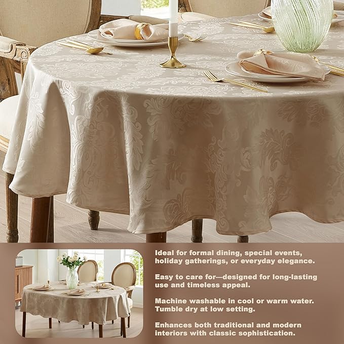 Newbridge Barcelona Luxury Damask Fabric Tablecloth, 60” Wide x 84” Oval, Golden Beige, 100% Polyester, No Iron, Soil Resistant Dining Room, Party and Banquet Table Cover
