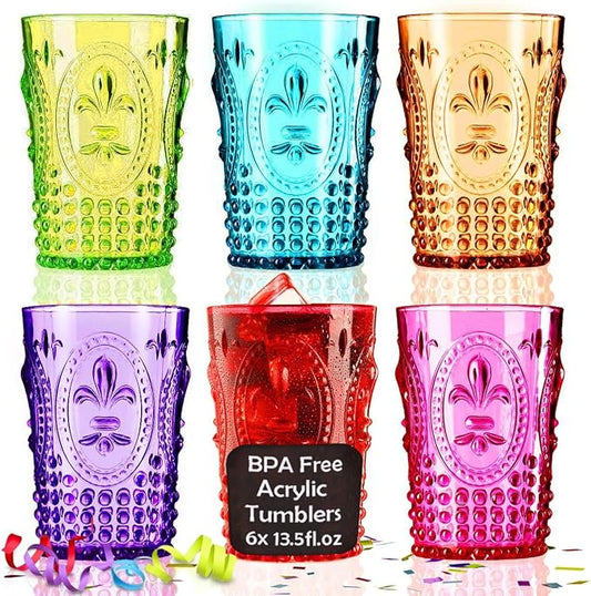 Muldale Vintage Plastic Drinking Glasses Set of 6 - Colored Acrylic Party Highball Tumblers 13.5oz - Boho Stackable Unbreakable Pool Glasses for Adults - BPA Free