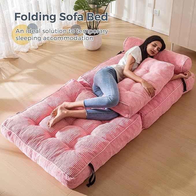 MAXYOYO Folding Sofa Bed, Convertible Sleeper Chair with Pillow Foldable Mattress with Back Support, Portable Fold Out Chair Bed Comfy Floor Sofa Lounge for Living Room Bedroom, Pink, Single
