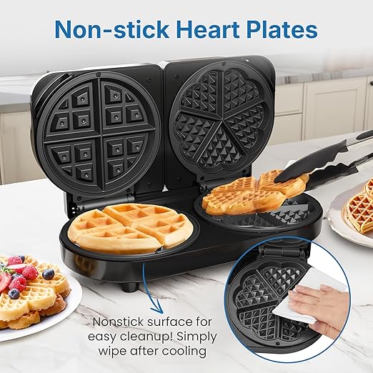Double Belgian Waffle Maker with 2 Adjustable Temp Knobs, Electric Waffle Machine with Indicator Light, Nonstick Heart Waffle & Classic Waffle Iron, Breakfast Maker, Easy to Clean, Silver