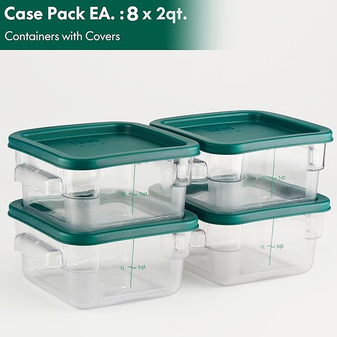 CURTA 8-Pack 2 Qt NSF Clear Polycarbonate Food Storage Containers with Green Lids - Square, Commercial-Grade, Freezer & Dishwasher Safe, Stackable