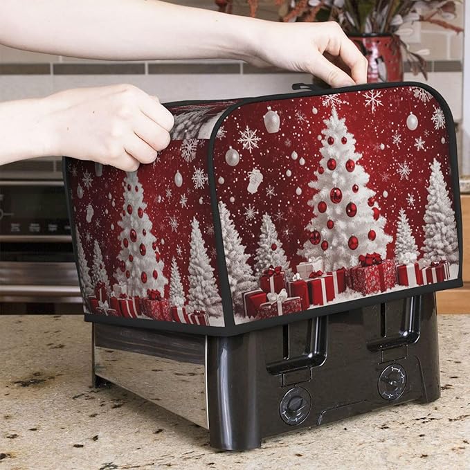 Toaster Cover 4 Slice Red Christmas Tree Ball Xmas Kitchen Small Appliance Covers with Pockets Dust and Fingerprint Protection