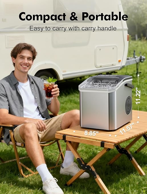 Ice Maker Countertop, Portable Ice Machine with Carry Handle, Self-Cleaning Ice Makers with Basket and Scoop, 9 Ice Cubes in 6 Mins, 26 lbs per Day, 5 Sizes of Bullet Ice for Home Party Camping RV