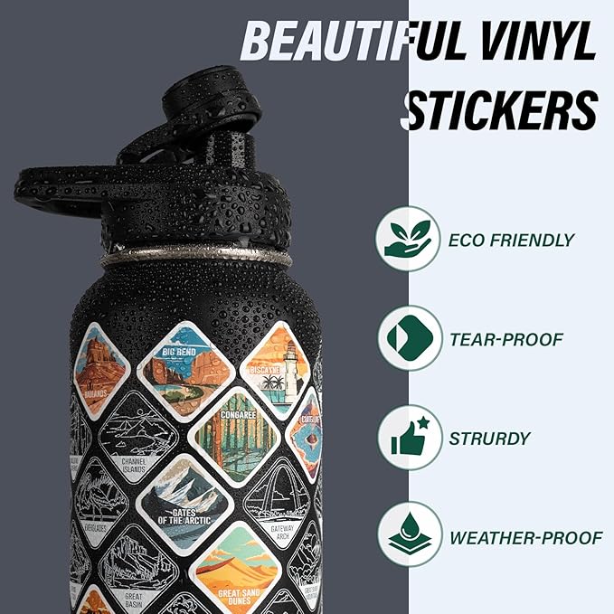DYSANKY National Parks Water Bottle – 40 oz Insulated Stainless Steel Bottle with 63 Hand-Drawn Park Stickers, Carrier Bag, Strap & Gift Box – BPA-Free – Ideal for Hiking, Camping & Travel