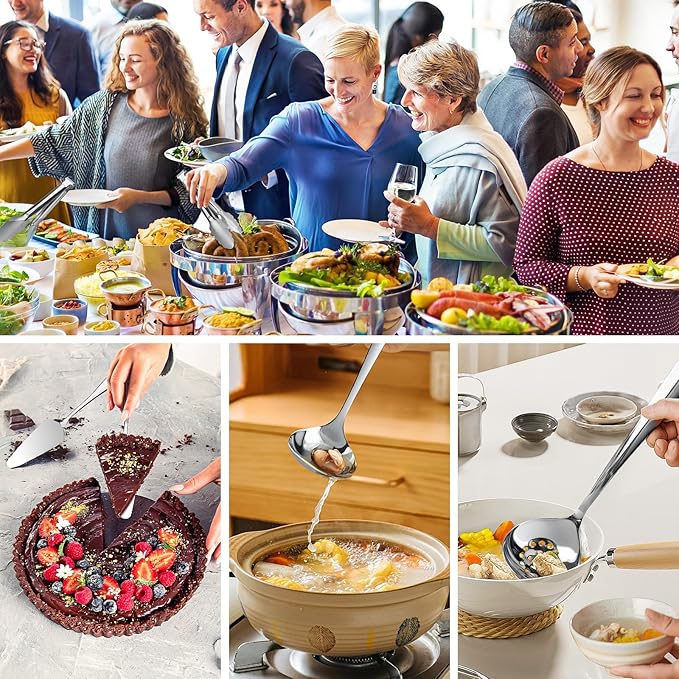 17PCS Serving Utensils Set Flatware, Stainless Steel Serveware Large Serving Spoons, Slotted Spoons, Forks, Tongs, Cake Server,Soup and Skimmer Spoon for Buffet, Catering, Party, Dinner (Silver)