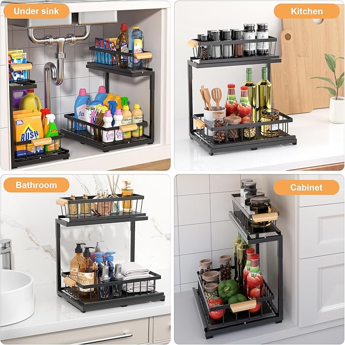 Under Sink Organizer, 2 Tier Under Sink Organizers and Storage, Slide Out Pull Out Cabinet Organizer Shelf, Metal Sliding Drawer for Kitchen Bathroom Pantry Cabinet Closet Organization Rack