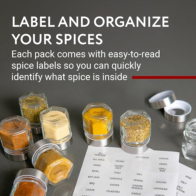 IMPRESA Hexagon Magnetic Spice Jars - Pack of 15-1.74 Oz Strong Magnetic Seasoning Containers - Space-Saving Honeycomb Spice Jars - Airtight Glass Storage Containers with Steel Lids