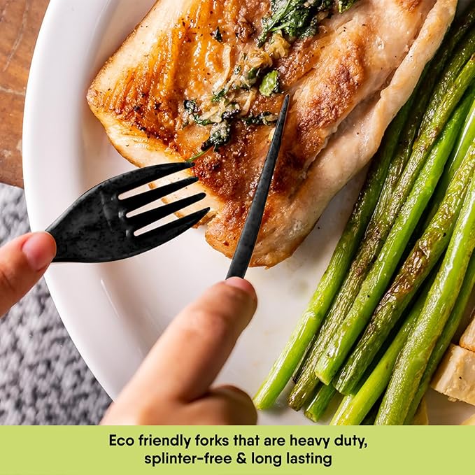 Premium Quality 100% Biodegradable Black Forks Made of Vegetable Fibers, 100 PCS of 6.7” Long Heavy-Duty and Splinter Free Eco-Friendly Forks, Perfect Sustainable Cutlery for All Types of Occasions