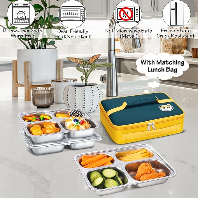KTKUDY 3 Pack Stainless Steel Snack & Lunch Containers for Kids & Adults - with Plastic Lids & Lunch Bag - 4 Compartments Metal Bento Lunch Box - Meal Prep Containers - Toddler & Kids Plates