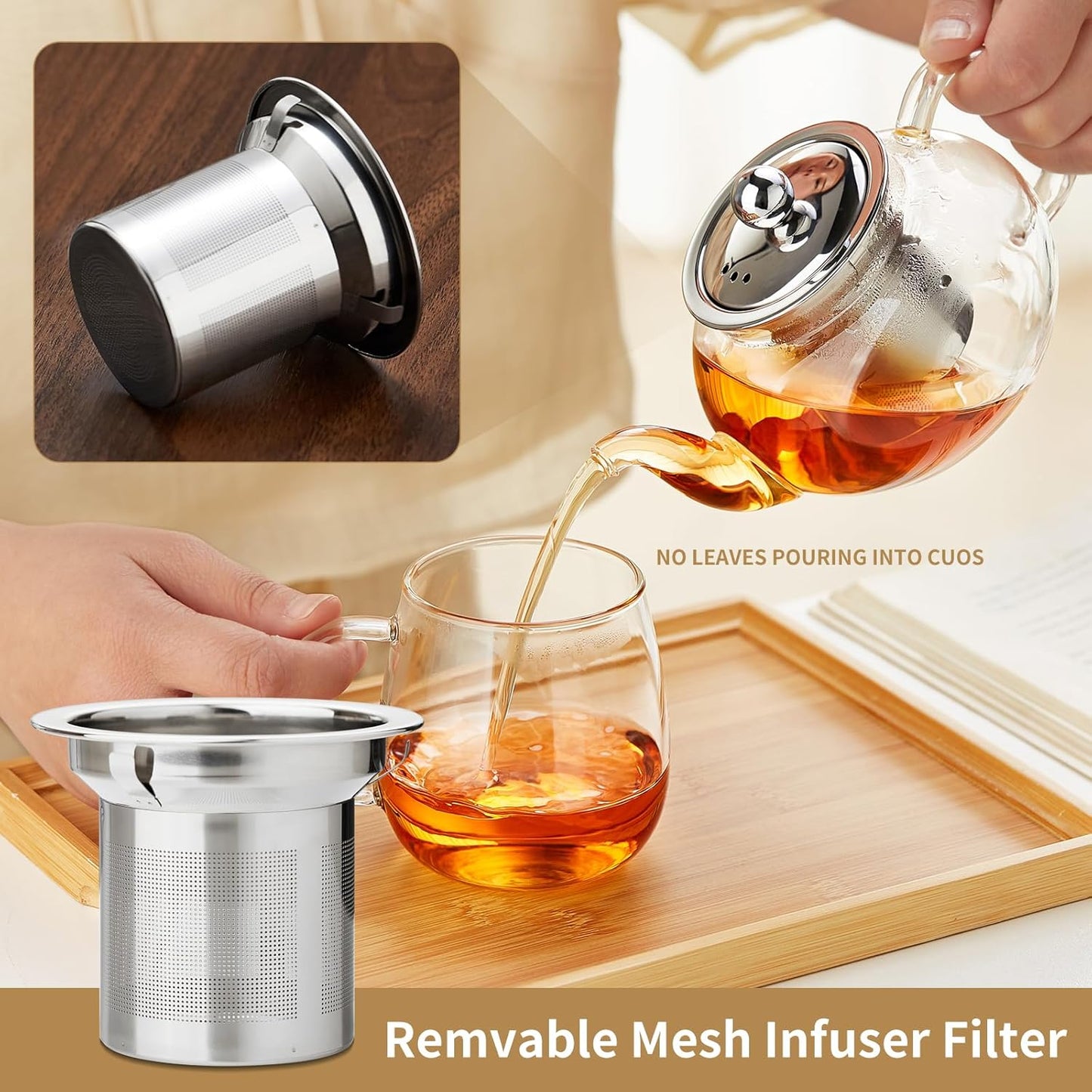 Glass Teapot with Removable Infuser, 27 oz/800ml Glass Tea Pot Small Borosilicate Glass Tea Steeper Kettle with Loose Leaf Tea Strainer For Flower Blooming Tea, ClearTea Maker Pitcher