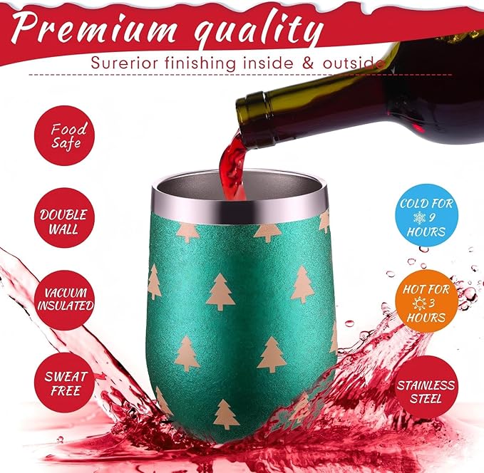 Sliner 4 Pack Pack Christmas Glitter Tumbler Bulk, 12 oz Holiday Wine Tumbler Set Stainless Steel Insulated Sparkling Glitter Cup with Lids Straws and Brushes Travel Mug Xmas Gift (Retro Style)