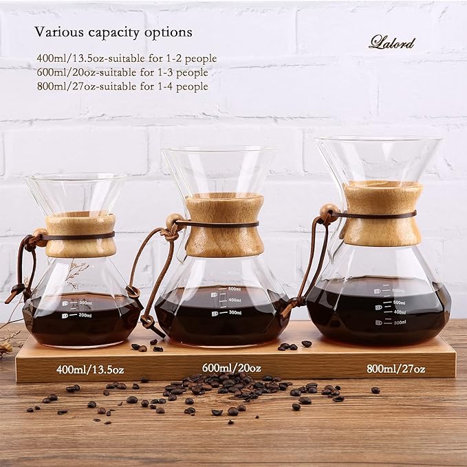 Lalord Pour Over Coffee Maker with Stainless Steel Filter, Borosilicate Glass Coffee Carafe, Modern Wooden Collar, Coffee Maker Carafe, Hold 2 Cups, 400 ml/13.5 oz, Clear