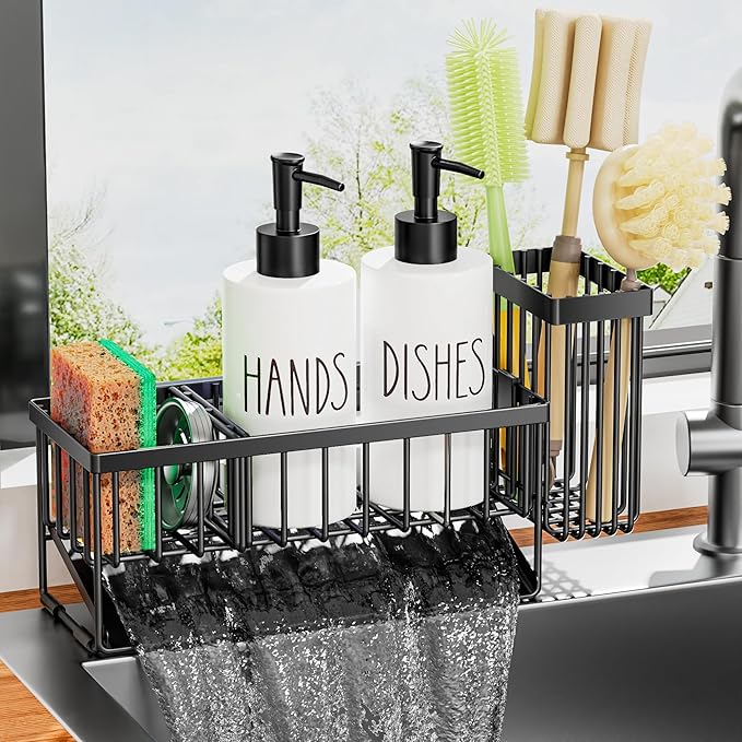 MASADI Kitchen Dish Soap Dispenser Set with Sponge Holder, 12OZ Glass Bottle, Hand and Dish Soap Dispenser Set, Non-Slip Silicone Pad, Brush Holder, Kitchen Sink Organizer Countertop (Black+White)