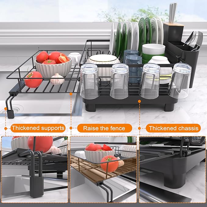 Runnatal Dish Drying Rack - Expandable Dish Rack, Large Drying Dish Drainer Over Sink with Drainboard, Utensil Holder & Cup Holder, Stainless Steel Dish Strainer for Kitchen Counter, Black