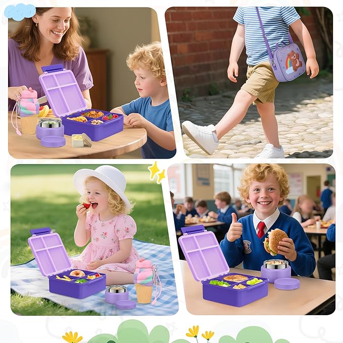 Lunch Box Kids with 5 Compartments, Insulated Food Jar & Utensil & Sauce Container & Lunch Bag & Silicone Collapsible Cup, Leak Proof Bento Box, BPA-Free & Dishwasher Safe-Purple