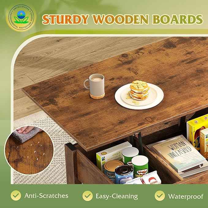 WLIVE Coffee Table, Lift Top Coffee Table with 2 Drawers, Large Hidden Compartment and Open Storage Shelf, Lift Tabletop, Dining Table for Living Room, Rustic Brown