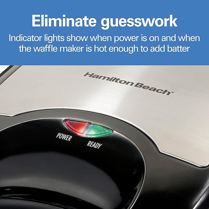 Hamilton Beach Non-Stick Belgian Waffle Maker with Indicator Lights, Makes 4 4" x 5" Mini Waffles, Hashbrowns or Keto Chaffles at Once, Compact Design for Easy Storage, Black & Stainless Steel (26020)